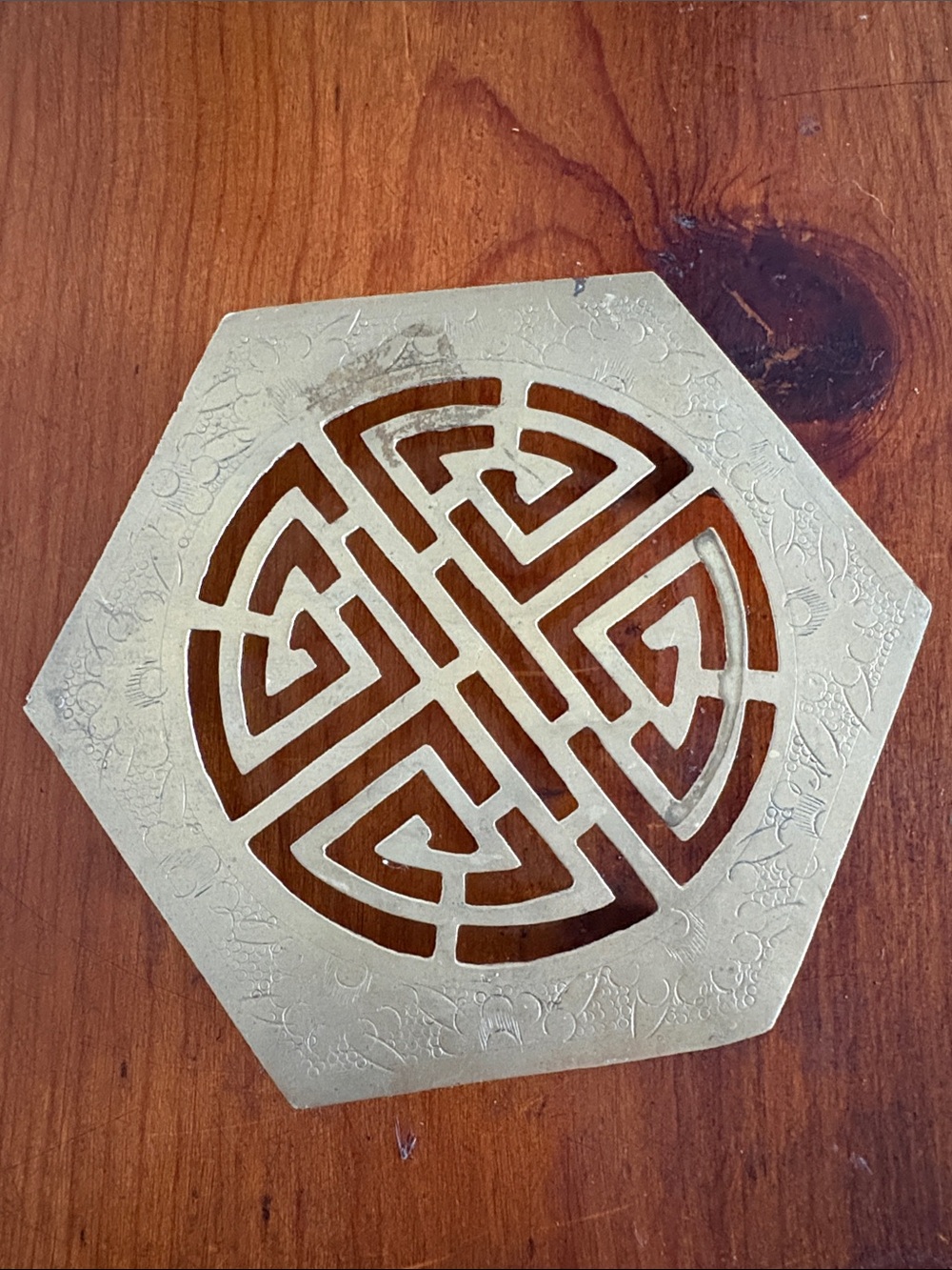 Stunning Vintage East Asian Hexagonal Brass Trivet Chinoiserie Shou Symbol